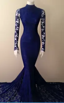 Royal Blue Long Sleeves Satin Sweep Train Lace Up Prom Dresses for Prom and Party