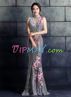 High Collar Silver Sequin Floral Appliques Mermaid Homecoming Dress