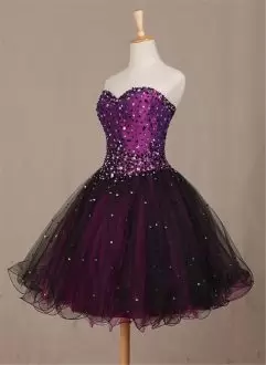 Purple A-line Tulle Sweetheart Sleeveless Beading Mini Length Lace Up Prom Gown