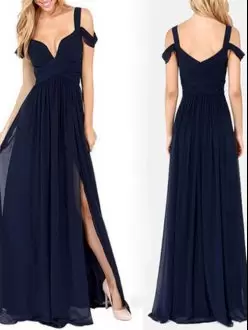 Ideal Navy Blue Sleeveless Floor Length Ruching Zipper Homecoming Party Dress Straps