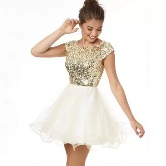 Captivating Champagne Short Sleeves Tulle Prom Gown for Prom and Party and Military Ball