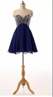Sumptuous Royal Blue Sleeveless Mini Length Beading and Ruching Lace Up Prom Dress Sweetheart