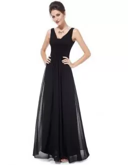 Glittering Black Sleeveless Floor Length Ruching Backless Homecoming Dress V-neck