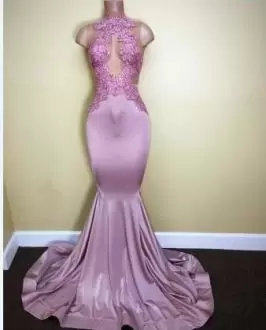 Sexy Mermaid Lavender High-neck Sleeveless Brush Train Prom Dress