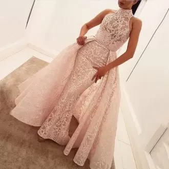 Custom Made Sleeveless Lace Floor Length Lace Up Prom Homecoming Dress in Pink with Lace