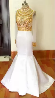 Customized White and Gold Beaded Homecoming Dress with Long Sleeves Mermaid