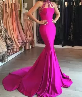Sleeveless Floor Length Beading Lace Up Prom Evening Gown with Hot Pink