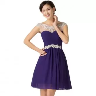 Purple Lace Up Dress for Prom Beading Cap Sleeves Mini Length