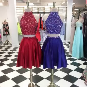 Sleeveless Halter Top Lace Up Mini Length Beading Homecoming Party Dress Halter Top
