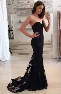 Sumptuous Black Sweetheart Lace Up Appliques and Ruching Prom Dresses Sweep Train Sleeveless