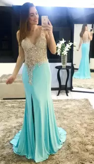 Sexy See Through Bodice Bling Chiffon V Back Mermaid Prom Dress with High Slit
