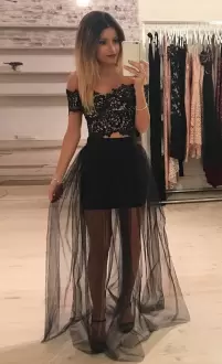 Black Off The Shoulder Lace Up Lace Homecoming Dress Sleeveless
