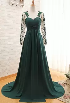 Long Sleeves Chiffon Brush Train Zipper Evening Party Dresses in Dark Green with Lace