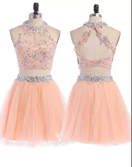 Halter Top Sleeveless Backless Dress for Prom Peach Tulle Beading