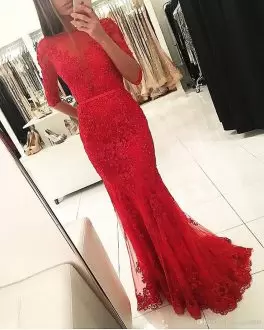 Suitable Sleeveless Floor Length Beading and Lace Backless Evening Dress with Red Sweep Train