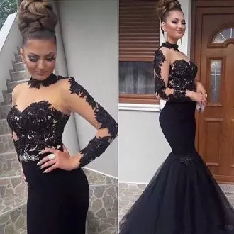 Traditional Black Mermaid Beading and Lace Prom Dress Backless Long Sleeves Floor Length