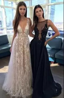 Sexy Floor Length Champagne Lace Prom Dress Deep V-neck Sleeveless with Straps