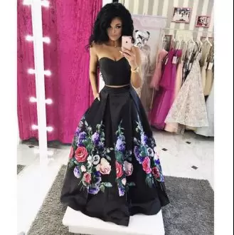 Black Two Pieces Floral Floor Length Ruching Junior Homecoming Dress