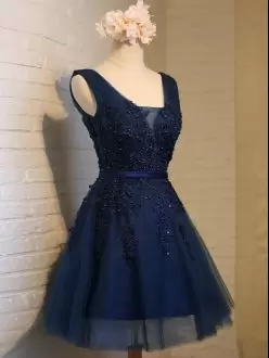 Extravagant Beading and Appliques Navy Blue Backless Sleeveless