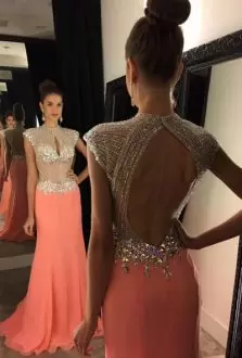 Elegant Sexy See Through Beaded Bodice Chiffon Backless Prom Dress in Orange Red with High Neckline