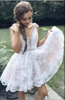 Pink And White Lace and Appliques Backless Prom Dresses V-neck
