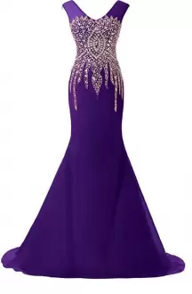 Purple Chiffon Lace Up Straps Sleeveless Dress for Prom Sweep Train Beading