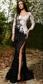 Eye-catching Scalloped Long Sleeves Chiffon and Lace Prom Dresses Lace Sweep Train Lace Up