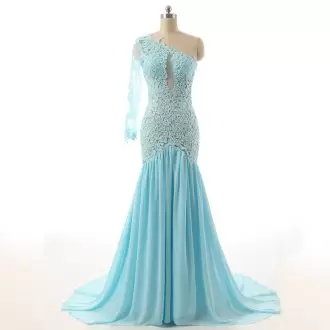 Best Aqua Blue Prom Gown Prom and Party with Appliques One Shoulder Long Sleeves Brush Train Side Zipper