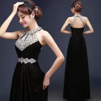 Sleeveless Chiffon Floor Length Lace Up Prom Evening Gown in Black with Beading