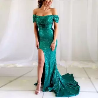 Cheap Green Prom Party Dress Sequined Brush Train Sleeveless Sequins