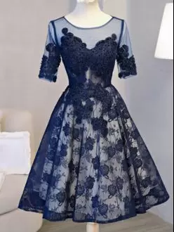 Navy Blue Lace Up Scoop Beading and Lace Homecoming Dress Tulle Short Sleeves