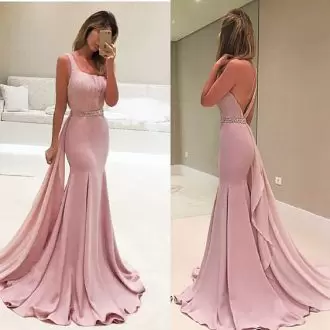 Sweet Backless Prom Party Dress Pink for Prom and Party with Beading Sweep Train