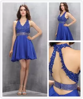 Delicate Royal Blue Halter Top Neckline Beading Homecoming Dress Online Sleeveless Criss Cross