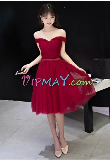 Sleeveless Tulle Knee Length Lace Up in Red with Ruching