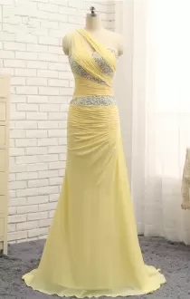 Ideal Floor Length Zipper Prom Evening Gown Light Yellow for Prom and Party with Sequins