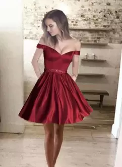 Glorious Mini Length Burgundy Homecoming Dress Online Satin Sleeveless Beading