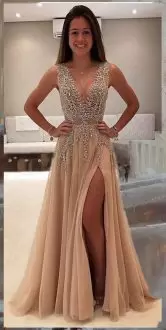 Sexy See Through Peach Beaded Tulle Long High Slit Prom Dress with Deep-V Neckline