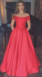 Red Short Sleeves Bowknot Floor Length Dress for Prom