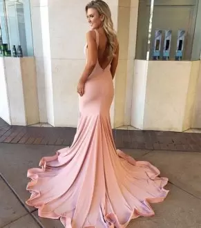 Sleeveless Ruching Backless Going Out Dresses with Pink Sweep Train