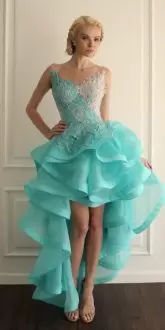 Aqua Blue Backless Scoop Lace and Appliques Prom Homecoming Dress Sleeveless