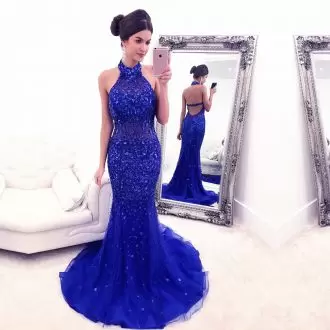 Royal Blue Tulle Backless Prom Dress for Prom and Party and Military Ball and Beach and Wedding Party