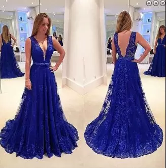 Fantastic Royal Blue V-neck Neckline Lace Prom Evening Gown Sleeveless Backless
