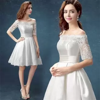 Trendy White A-line Appliques Dress for Prom Lace Up Satin Half Sleeves Mini Length