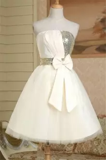 Glittering Mini Length White Prom Dresses Strapless Sleeveless Lace Up