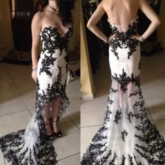 Spectacular White and Black Sleeveless High Low Lace and Appliques Backless Prom Dress Sweetheart