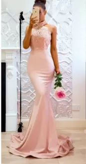 Pink Sleeveless Satin Brush Train Zipper Homecoming Dresses for Prom and Party