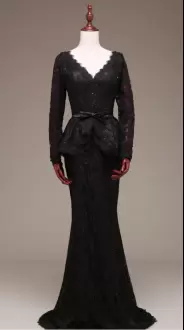 Custom Fit Lace Prom Dress Black Zipper Long Sleeves Brush Train