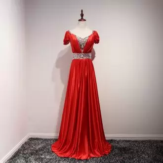 Flare Floor Length Red Homecoming Party Dress Short Sleeves Beading