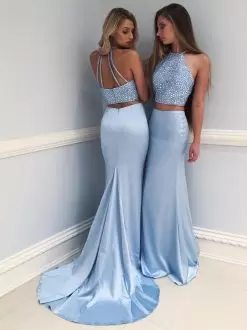 Noble Blue Dress for Prom Halter Top Sleeveless Brush Train Zipper