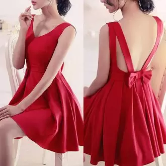 Red Satin Backless Sleeveless Mini Length Ruching and Bowknot